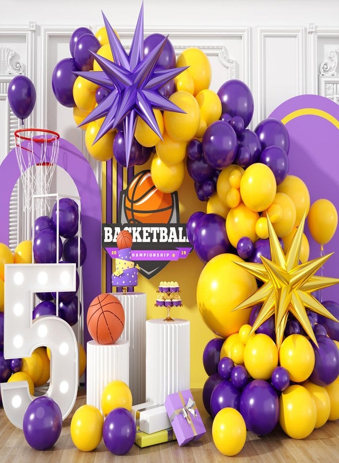 Sowide Purple and Yellow Balloon Arch Kit,Basketball Balloons with Gold Purple Star Foil Balloons,for Boys Basketball Party Sport Theme Birthday Graduation Anniversary Wedding Baby Shower Decorations - Image 1